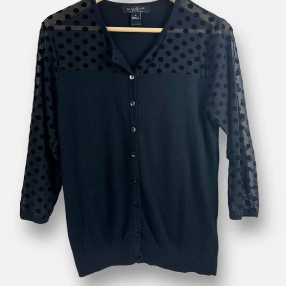 August Silk Black Cardigan with Sheer Polka Dot Sleeves Large - Picture 1 of 11